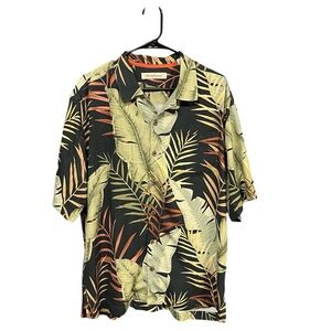Tommy Bahama silk Hawaiian shirt men L green black loop collar short sleeve leaf